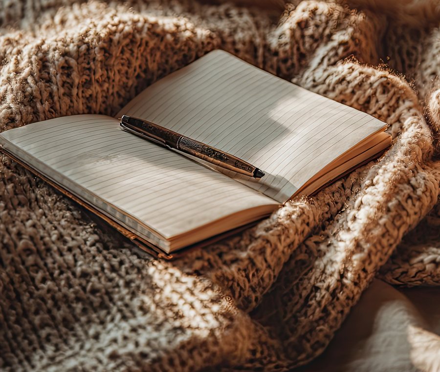 Open journal with pen resting on a cozy knit blanket in warm sunlight — a quiet moment of reflection