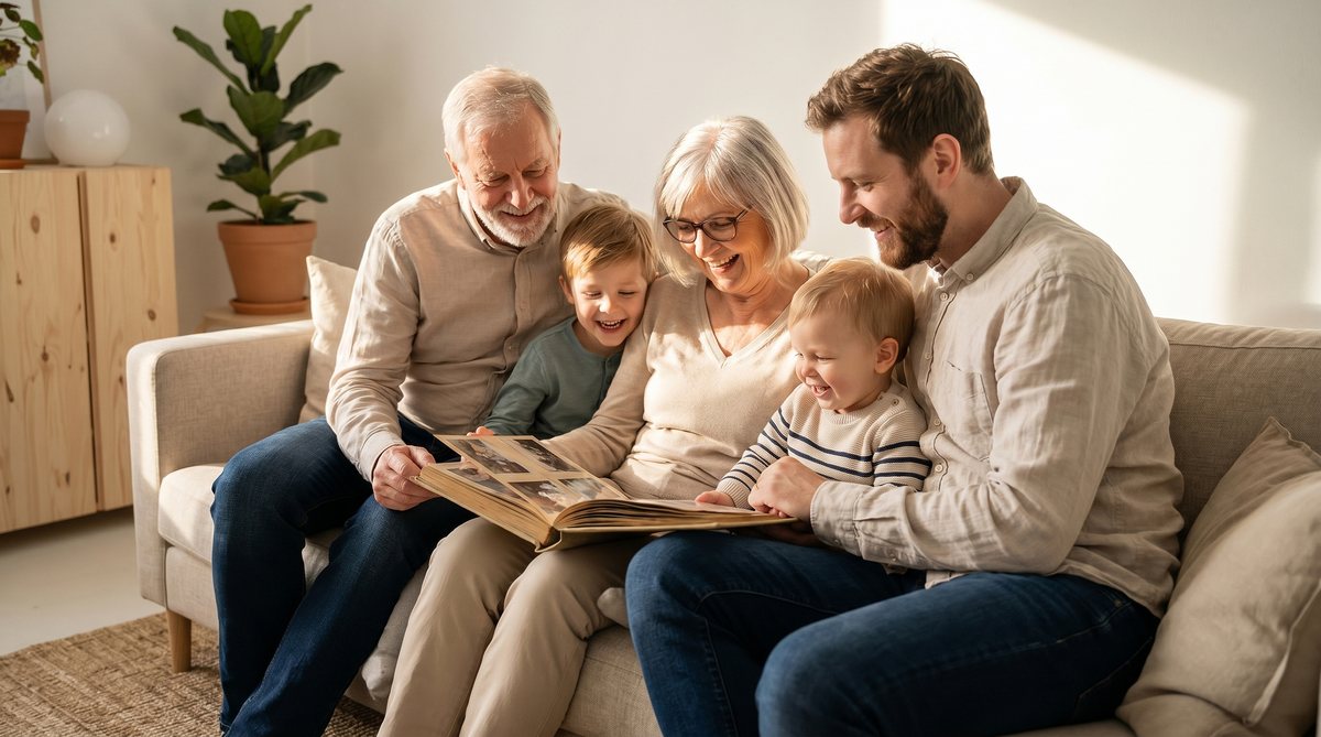 Multigenerational family sitting together on a sofa, warmly looking through a photo album