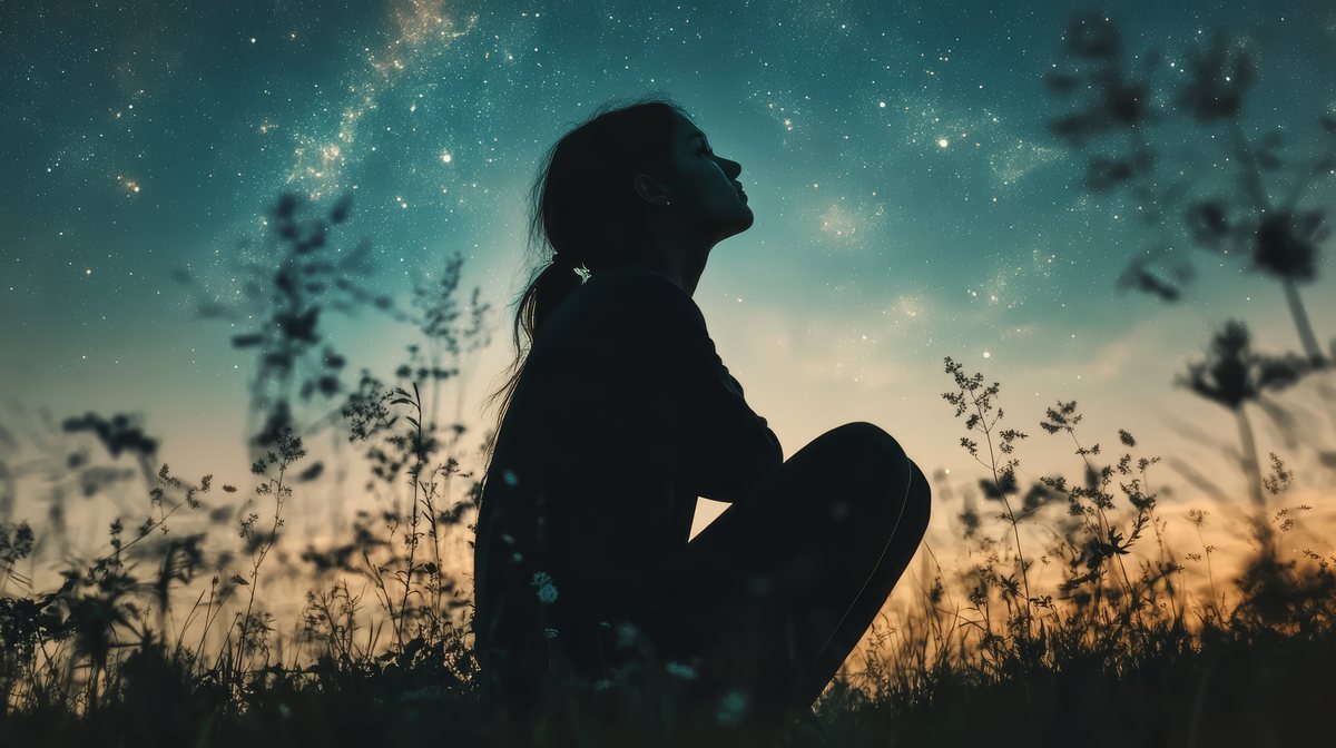 Silhouette of a person sitting in a field gazing up at a starry night sky, contemplative and at peace